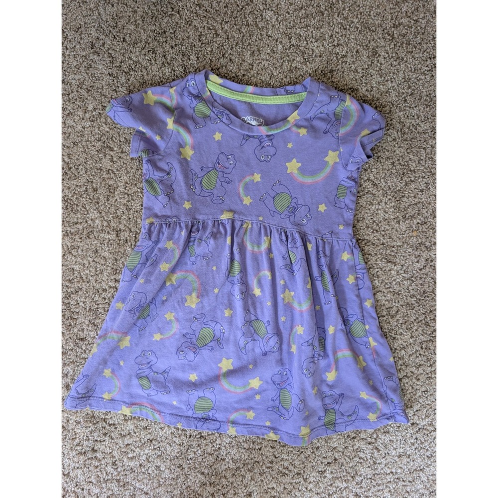 Barney Girls 3T Purple Dress Rainbow Stars Dinosaur Short Sleeve Playwear